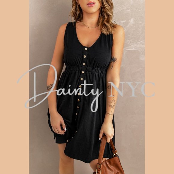 Casual Everyday Button Mini Dress Black - Picture 2 of 9